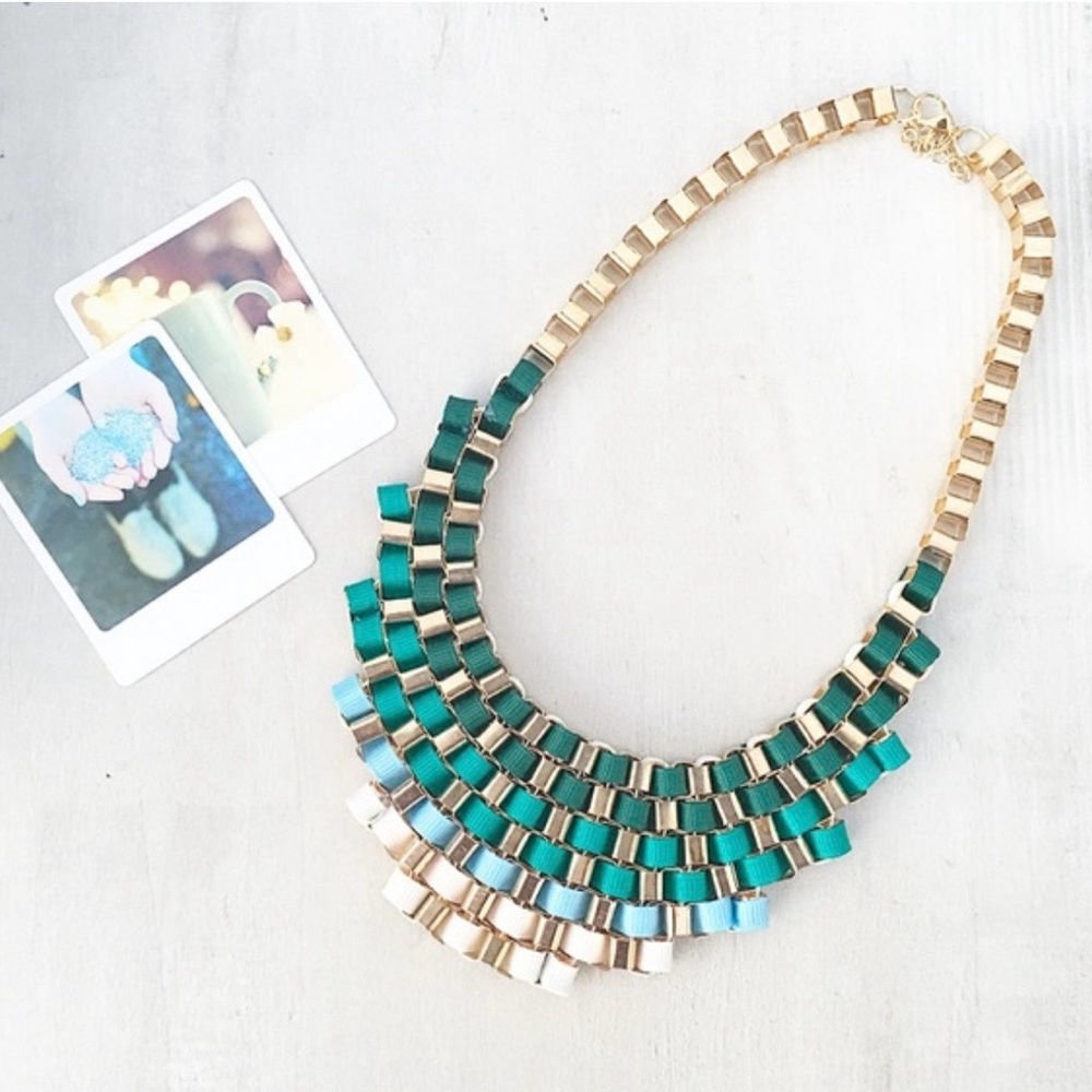 Gold Multi Color Ribbon Statement Necklace